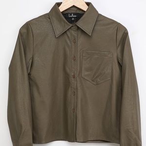 Olive Green Vegan Leather Button-Up Top